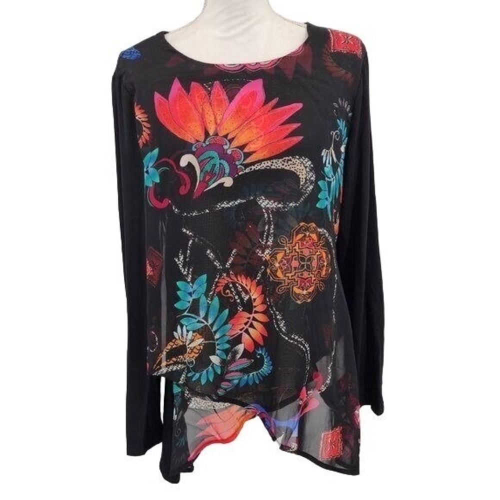 CHICO'S Floral Tulip Hem Top Blouse Mixed Media Size 1 (Medium) EUC